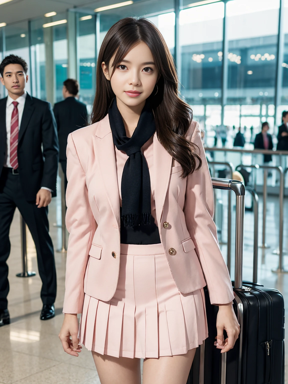 {{Mature Solo Woman, White people}}, View your viewers, Hazel Eyes, Very detailed, Medium chest, Brown Hair, airport, flight attendant, uniform, Pink Blazer, light blue scarf, Pink Skirt, Midi Skirt, Pencil Skirt,Pink High Heels, Happy, 最high quality, high quality, Very detailed anime screencap, {{{{Crowded, One girl, Matching outfits, Hairstyles up}}}