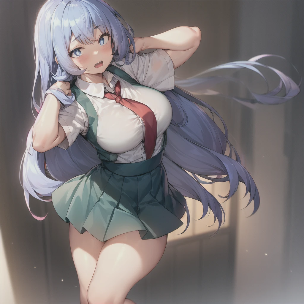 nejire hado, 1girl, solo, long hair, breasts, looking at viewer, open mouth, blue eyes, skirt, large breasts, simple background, shirt, white background, , blue hair, white shirt, short sleeves, thighs, necktie, teeth, collared shirt, vest, arm up, thick thighs, red necktie, green skirt, arm behind head, u.a.  