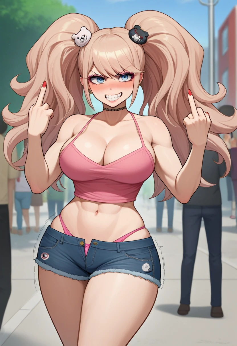 score_9, score_8_up, score_7_up, source_anime, solo, 1girl, enoshima junko, grin, looking towards viewer, standing, twintails, bear hair ornament, v-shaped eyebrows, choker, collarbone, cleavage, Nude, BIG TITS, BIG ASS, COMICALLY BIG TITS, COMICALLY BIG ASS, NUDE, NO CLOTHES, SQUATING, TWERKING, SHAKING ASS, BARE ASS, BARE TITS, BARE BREAST, hands in the air, Pink Panties, Tight Pink Crop Top, Spaghetti Straps, Pink booty shorts, over the top pink blush, over the top pink eyeliner, over the top pink eyeshadow, Crowded Street, Black Lifes Matter Protest, Black Thugs, Black Men, Muscular Black Men, Black Men, Black People in background, Muscular black men, HUGE ASS, Unrealistic Ass, unrealistic tits, **Over the top make up**, **Extreme Make Up**, Trashy Make up, golden hoop ear rings, Extreme make up blush, ***Multiple Black men***, Tongue out, Middle Finger, Niggers, ****TRASHY BIMBO****