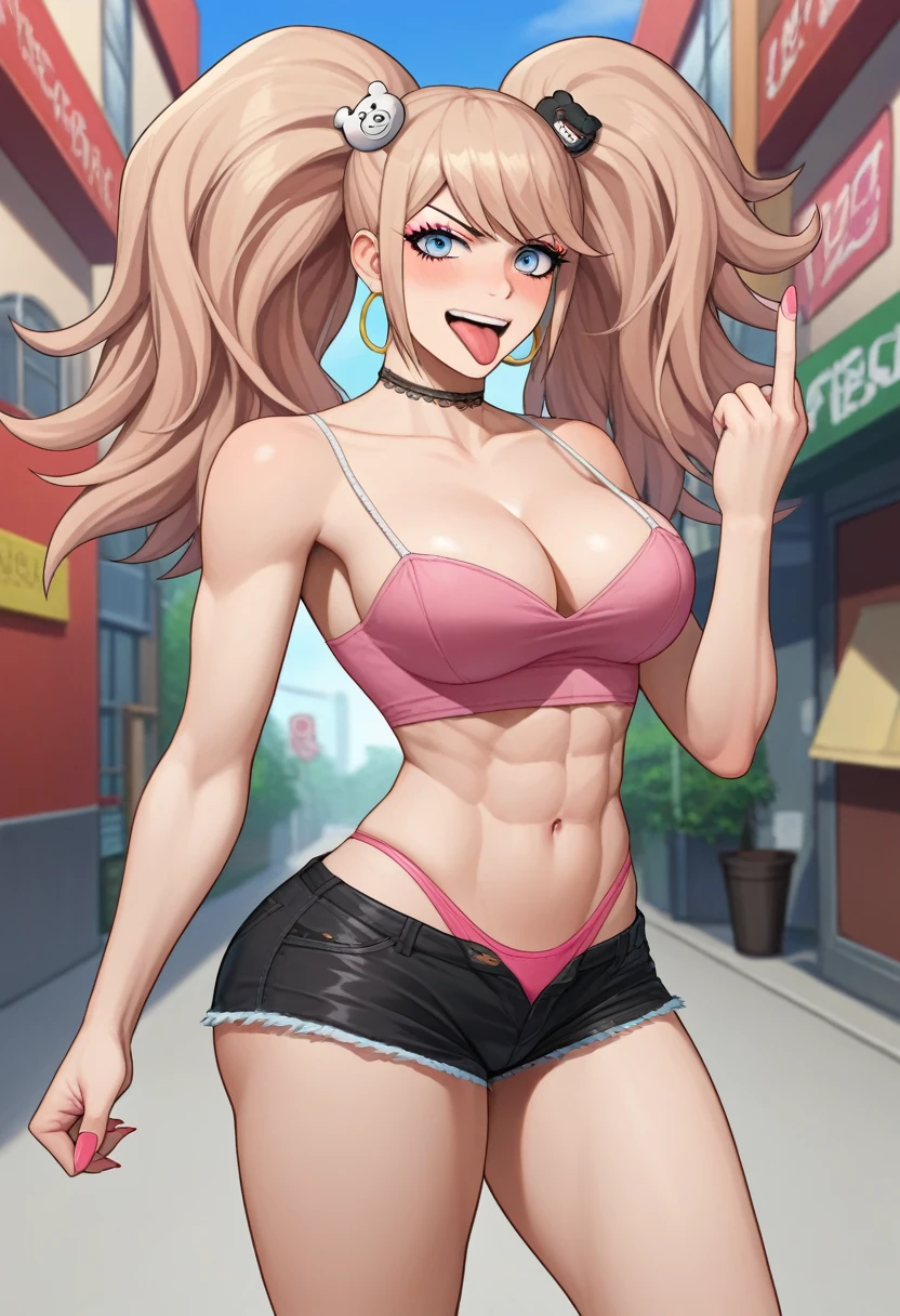 score_9, score_8_up, score_7_up, source_anime, solo, 1girl, enoshima junko, grin, looking towards viewer, standing, twintails, bear hair ornament, v-shaped eyebrows, choker, collarbone, , Nude, BITS, BIOMICALLY BIG T, COMICALLY BIGDE, NO CLOTHES, SQUATINGWERKISHAKING ASS, BARE ASS, BARE TITS, BARE BREAST,nds in ther, Pink Pas, Tight Pip Top, Spaghetti Straps, Pink borts, over the top pink blush, over the top pink eyeliner, over the top pink eyeshadow, Crowded Street, Black Lifes Matter Protest, Black Thugs, Black Men, Muscular Black Men, Black Men, Black People in background, Muscular black men, HUGE ASS, Unrealistic Ass, unrealistic tits, Over the top make up,treme Make Up, Try Make up, goldenp ear rings, Extreme make up blush, Multiple Black men, Tongue out, Middle Finger, Niggers, TRASHY BIMBO