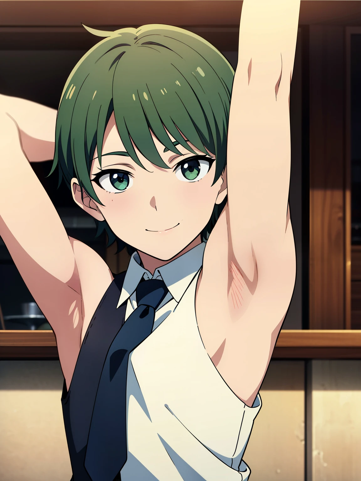 Highres, Masterpiece, Best quality at best,Best Quality,hight quality, hight detailed, Anime screencap style, 1boy, Shota, Little boy, Solo, green hair, smile, Shirtless, Upper body, Sleeveless vest, Bare shoulder, Tie, Seen from the front, look at viewer, Cafe, (very young boy), (very small and short body), (Showing armpit:1.3), The armpits of a 12 year old boy, Adorable little armpits, 12-year-old boys, blurry beckground, Uhd, 4k, wallpaper