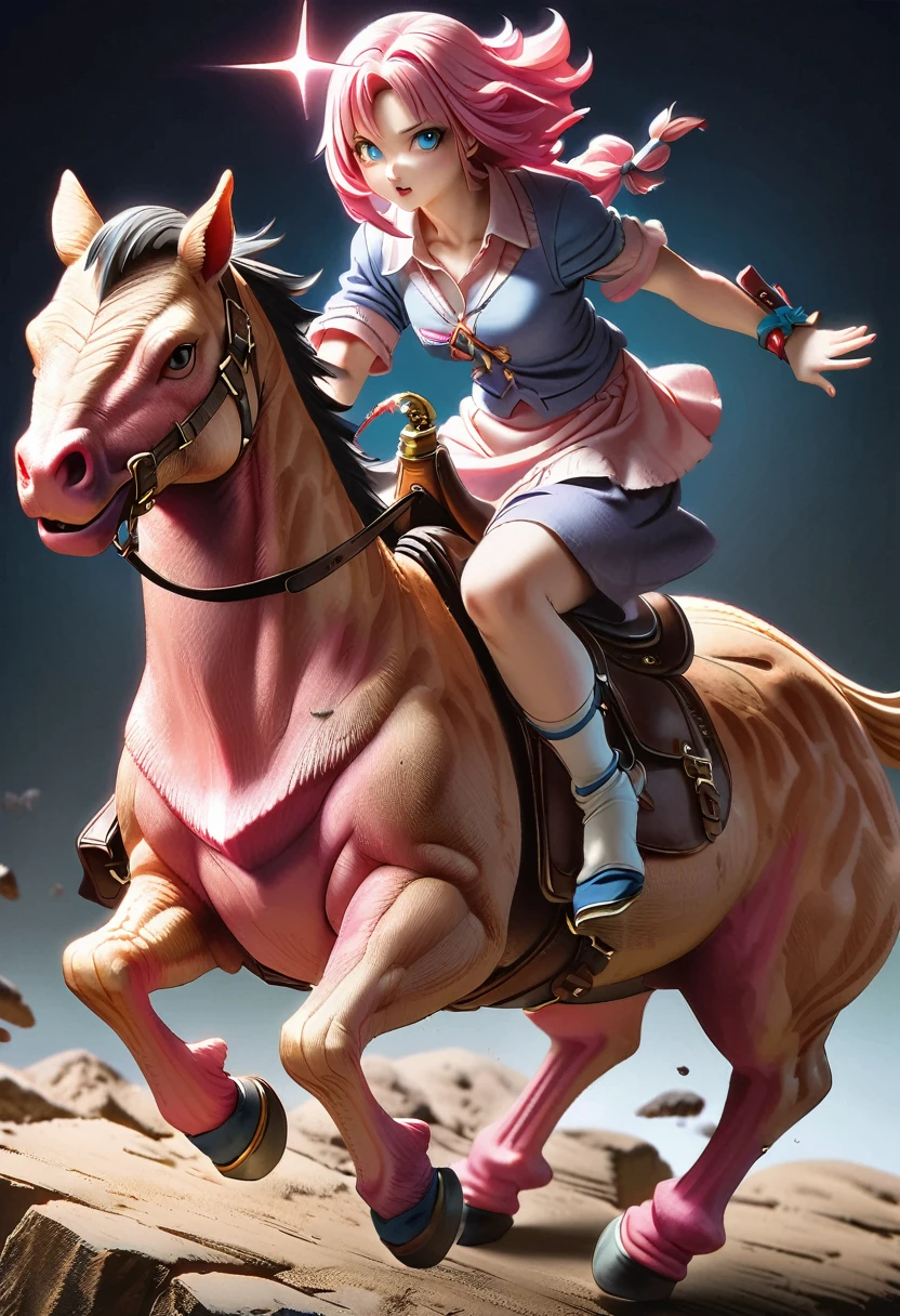 Highest quality、masterpiece、darkness、Black Background、Surreal Posters、dirty, mineral pigments, 3D clay sculpture art, clay、BREAK、(((ピンクの毛が生えた恐竜にGirl riding:1.37、Fine saddle and stirrups、saddle and stirrup、Girl riding:1.37、Toriyama Ming style painting、Dragon Ball Style、Very realistic T.Rex、Pink glowing hair、Bright eyes、Light pink dinosaur)))、BREAK、Object of fear、Leaning forward、dirty, mineral pigments, 3D clay sculpture art, clay