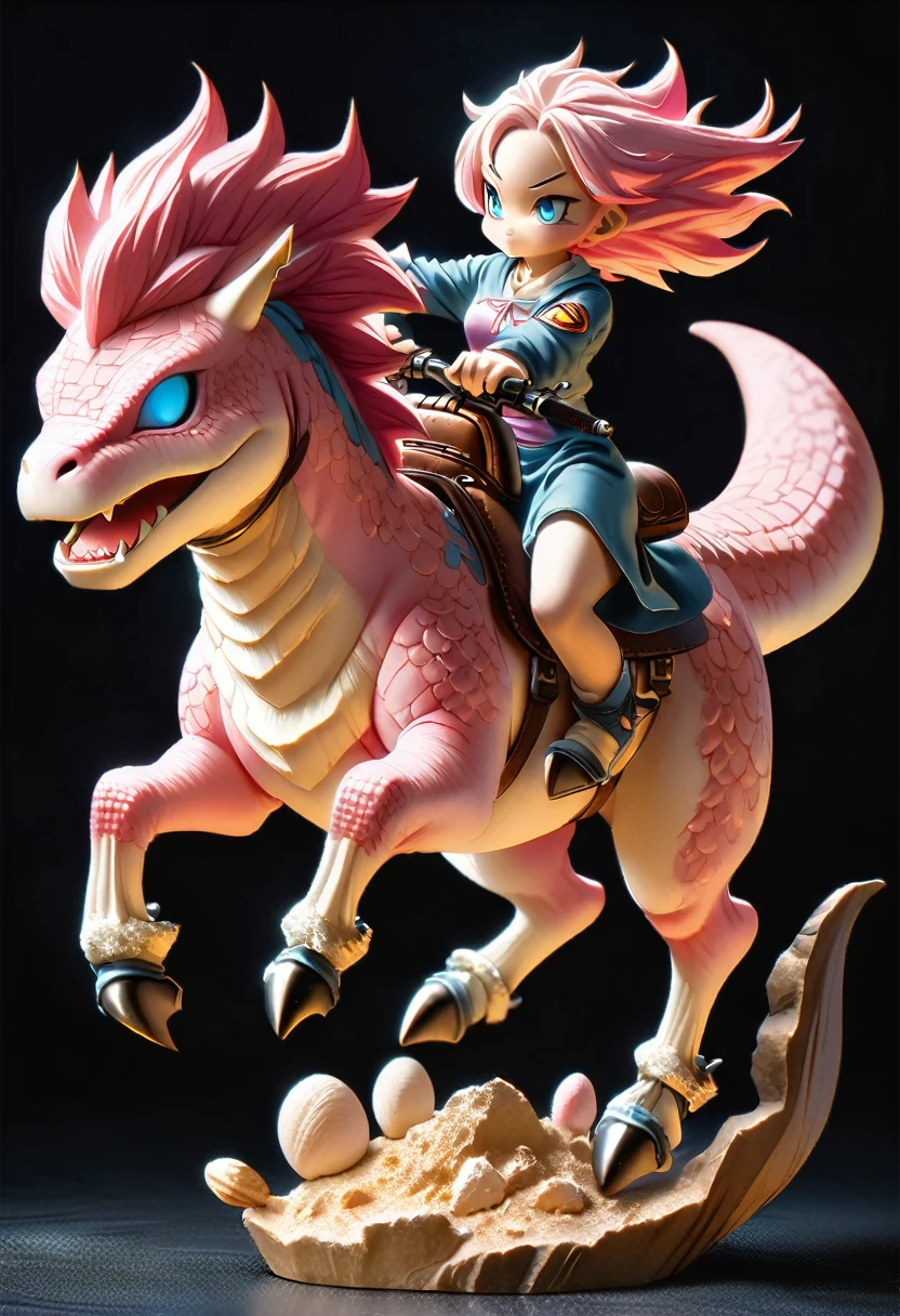 Highest quality、masterpiece、darkness、Black Background、Surreal Posters、dirty, mineral pigments, 3D clay sculpture art, clay、BREAK、(((ピンクの毛が生えた恐竜にGirl riding:1.37、Fine saddle and stirrups、saddle and stirrup、Girl riding:1.37、Toriyama Ming style painting、Dragon Ball Style、Very realistic T.Rex、Pink glowing hair、Bright eyes、Light pink dinosaur)))、BREAK、Object of fear、Leaning forward、dirty, mineral pigments, 3D clay sculpture art, clay