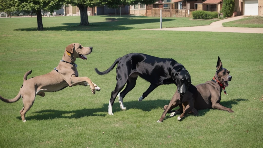 Great Danes playing in ground