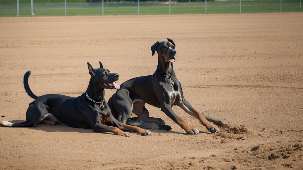 Great Danes playing in ground