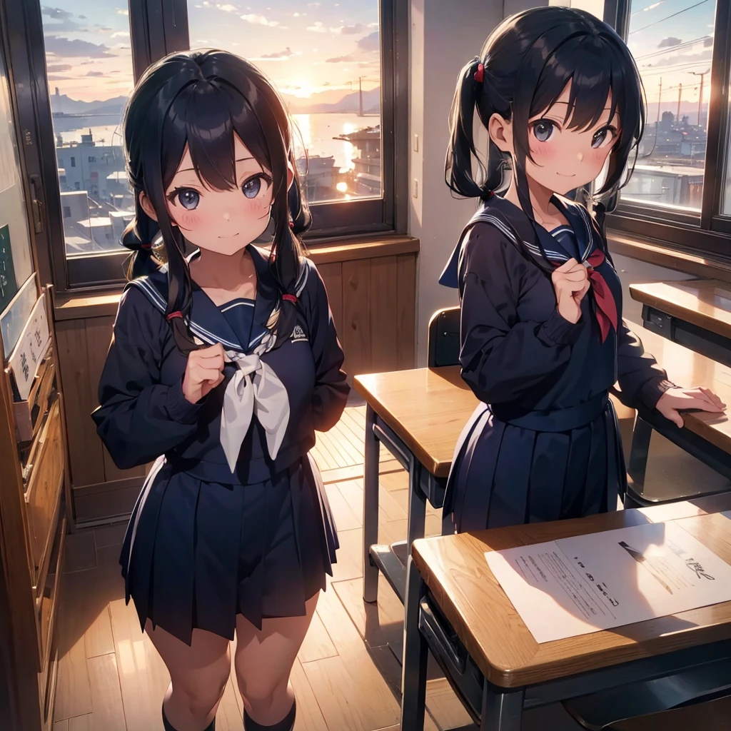 Highest quality, Very detailed, masterpiece, One Girl, classroomの椅子に座る, talk, Smile, yo, (low twintails:1.2), Low Pigtails, Black Hair, Long Hair, (Navy blue sailor suit:1.4), Blue ribbon, Long sleeve, School desk, School Chair, classroom, from the front, window, The cityscape below in the distance, Kobe, sunset, anime