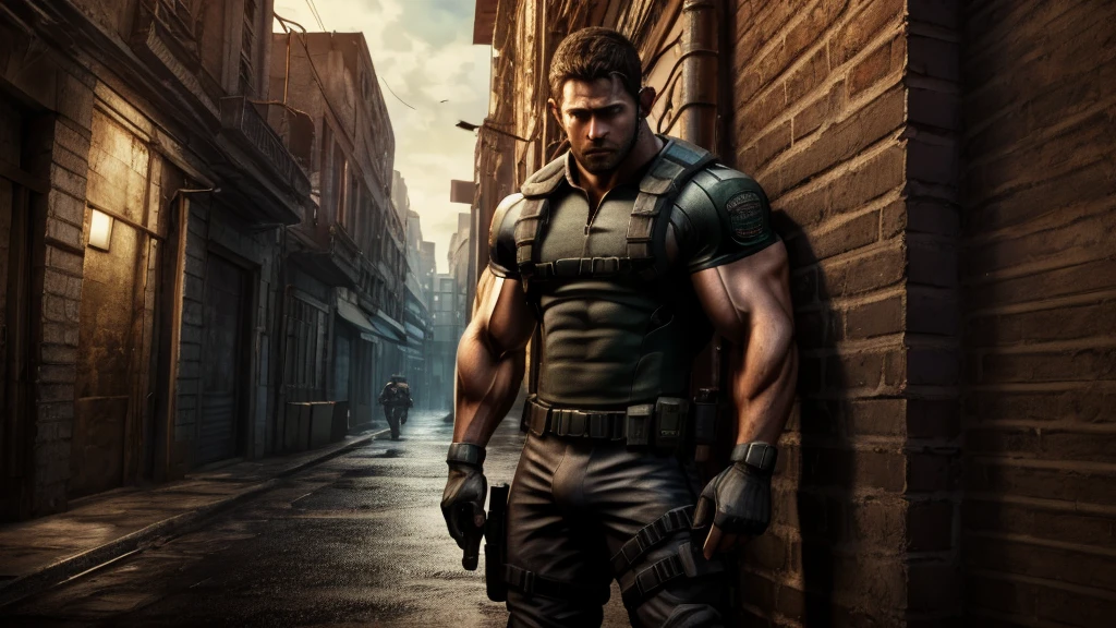 Chris Redfield resident evil, leaning on a wall, holding a pistol, Muscular, nice abs and biceps, nice crotch bulge, UHD HDR, full body shot in ruined city background in Landscape mode, 