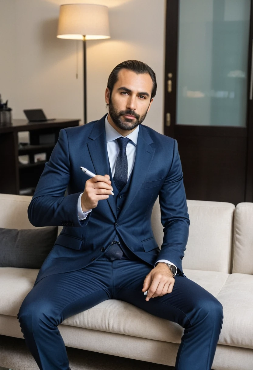 RAW photo, full body, 35-year-old man, ((dressed as lab Sales Manager)), sitting on the guest sofa, looking towards the viewer, wearing shoes, straight forward position, in front of the point of view, holding a pen in hand, pointing to an idea, neat hair, wearing a suit,