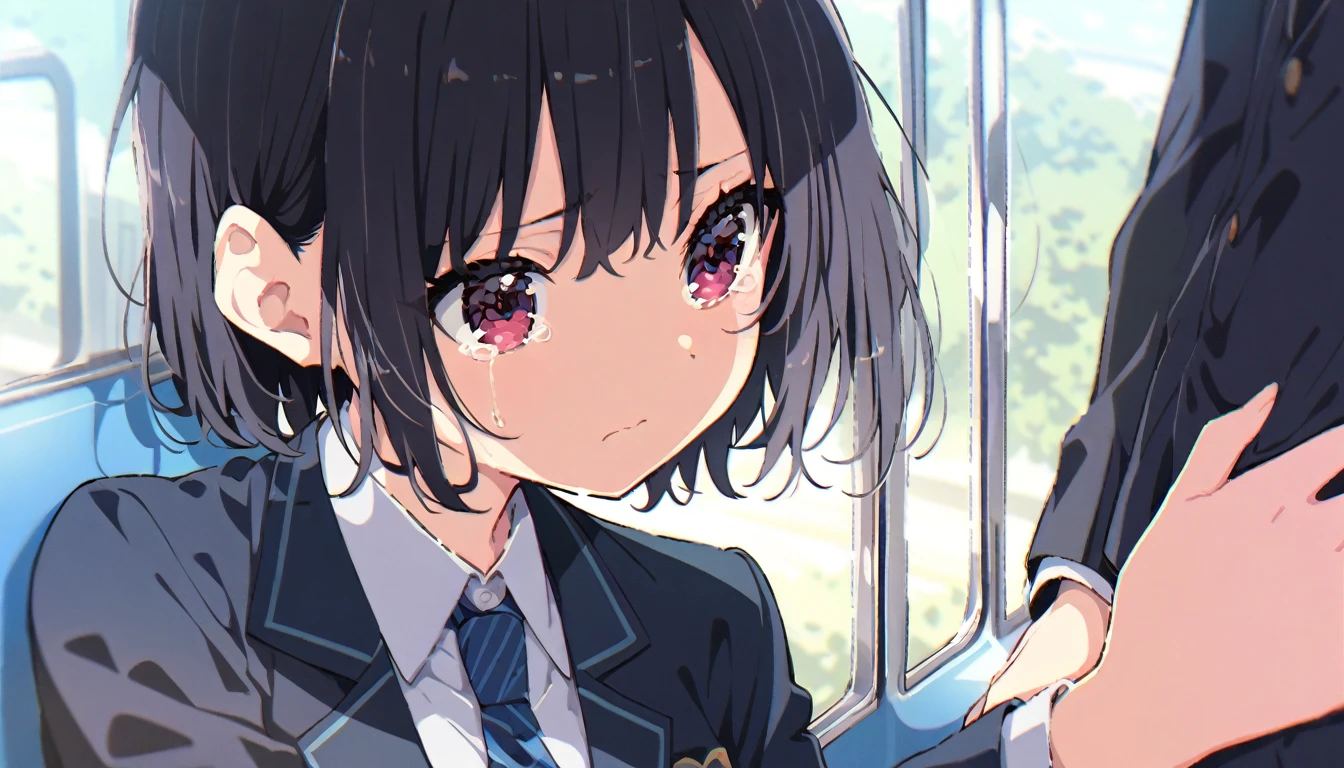 A middle-aged molester is touching the lower body of a crying girl with short black hair and small breasts, wearing a blazer and uniform, who is standing upright on the train.