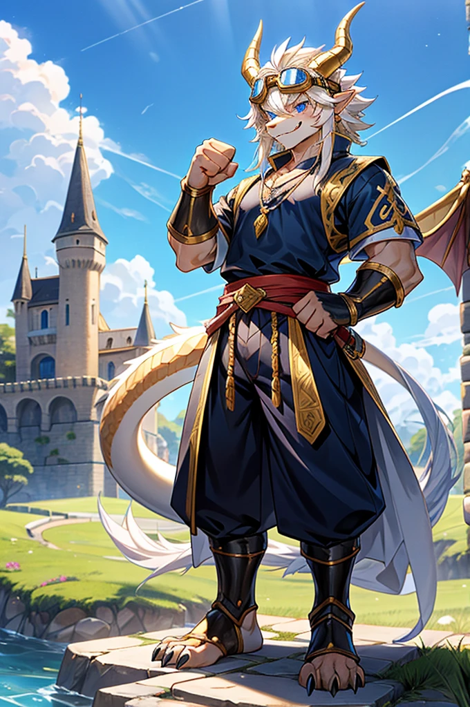 HD,noon,Blue sky,castle,grassland,Single player,Western dragon animal humanoid,hairy,Age 14 years,Cute face,Strong body,Male image,Full body standing,Short hair details,Western faucet,Golden dragon horn,Blonde Facial Hair,White jaw hair,Golden back fur,White belly hair,White mane extends from the top of the head to the tail,Thick and long dragon tail,White hair on the tip of the tail,Golden Arm,Golden paws,Left fist,Lightning is attached to the left fist,The right hand naturally droops,Limbs are dragon claws,4 Gold Fingers,4 golden toes,Pink pads on the palms and soles,,Lift one foot,Exposing the soles of the feet,Look to the left,A happy expression with the tongue sticking out slightly,Blue Eyes ,Pure and lovely eyes,Medieval style costumes,Black top,Black rubber shorts,Silver Sapphire Necklace,Wear goggles on your head,Standing。