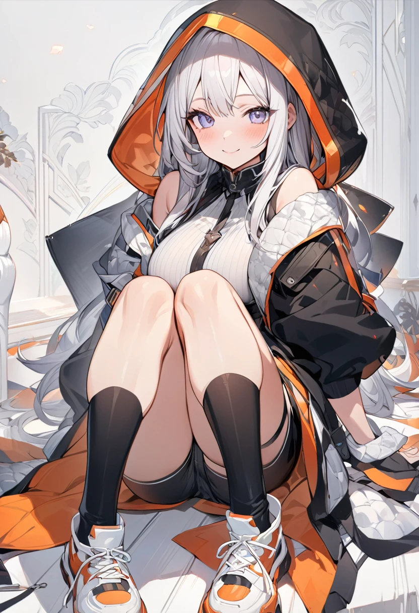 (Tabletop.Highest quality).(Dynamic Angle). (CG paintings with impressive detail),(Perfect Image)、((Highest quality)), ((masterpiece)), ((Very detailed)), (Very mature),A cute high school girl with a gentle look, white hair and about 165cm tall.,A female high school student with big breasts and a cute smile wearing a transparent black waifus with a cute patterned hood that shows off her shoulders, 顔が若干縦方向に長いbright笑顔の女性,Small Faced Woman,alone, Cute attitude,(background(bright),Long Hair - Straight,Knee-high socks、A transparent white veil with a cute pattern and a hood with white off-the-shoulders,White wall、Sitting、Facing the viewer、縁に模様がある壁が1面のbackground、8k wallpaper