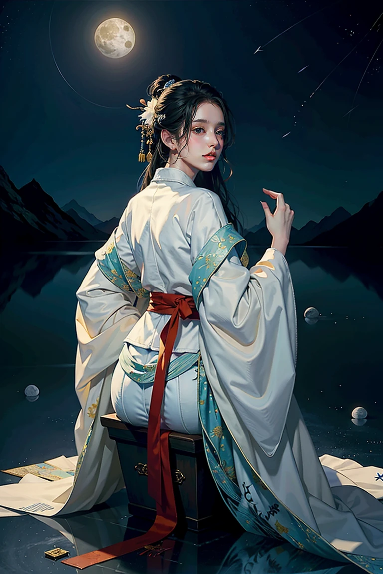 Official Art, Unity 8K wallpaper, Extremely detailed, beautiful and aesthetic, masterpiece, best quality, For the world,You may be alone,But for someone,You could be the whole world, paradox, Adrian Genius, Jenny Savile, Edward Hope, Surrealism, The Dark Arts of James Jean, Takato Yamamoto, 墨water朋克极简主义, fashion magazine, Editorial Photography, gufeng, moon, Tree, Solitary, water, flower, Branches, night, Black Hair, Back to, shawl, full moon, (1 Girl), in Tree, Long hair, Sky, sit, Chinese clothes, Hanfu, crescent moon, permanent, outdoor