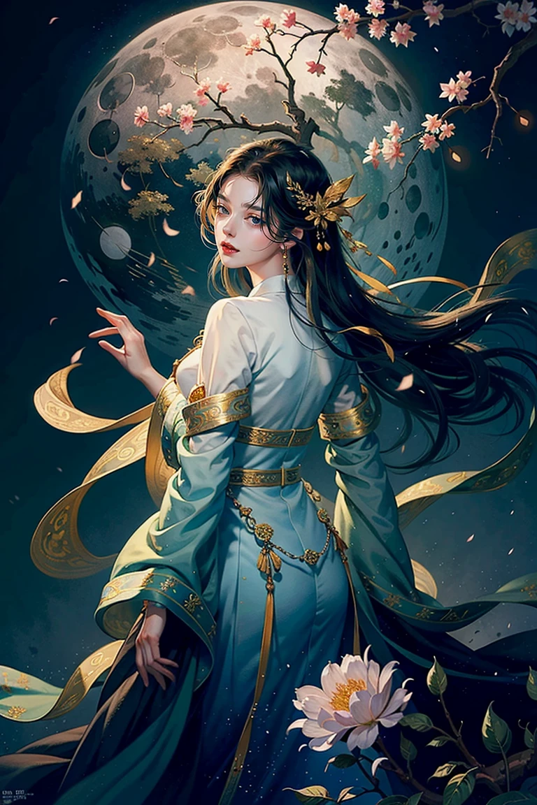Official Art, Unity 8K wallpaper, Extremely detailed, beautiful and aesthetic, masterpiece, best quality, For the world,You may be alone,But for someone,You could be the whole world, paradox, Adrian Genius, Jenny Savile, Edward Hope, Surrealism, The Dark Arts of James Jean, Takato Yamamoto, 墨water朋克极简主义, fashion magazine, Editorial Photography, gufeng, moon, Tree, Solitary, water, flower, Branches, night, Black Hair, Back to, shawl, full moon, (1 Girl), in Tree, Long hair, Sky, sit, Chinese clothes, Hanfu, crescent moon, permanent, outdoor