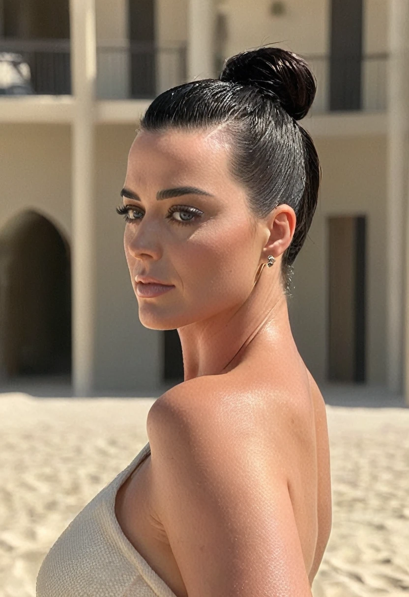 (high quality Erotic celebrity photograph ) (KatyPerry, is naked, on a vacation beach , pale white skin tone ,(katy perry woman, long brown hair, long brown hair pulled back, hair bun ) photorealistic ) , vacation side ,celebrity erotic photograph , nude, topless, oily skin ,tall figure , fit muscular figure , exhausted look, , wet, shiny sweaty skin , celebrity, female, woman, hollywood actress, fleshy muscular woman , ( perfect anatomy ,natural lights, depth of field, insanely detailed skin texture, hyper detailed features, hyper photorealistic texture )