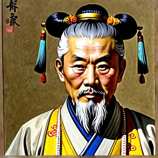 old chinese man,Frontal portrait of an ancient Chinese figure(Portrait of Emperor Xuanyuan 1.0),(Close-up 1.5),Spectator visual inspection(To the camera),The heavenly courts are full,The floor is a square circle,Grey-haired man,Hair Bun,No hat,Tying up hair。(Zhang Sanfeng)Yellow clothes。Plain background(Drawing paper texture 1.5)。realism。Hyper HD, retina, masterpiece, Acura, Anatomically correct, Awards, high quality, High detail, Super Detail, Textured Skin, The best quality at its best, High resolution,Kilo, 4K, 8K, 16K。