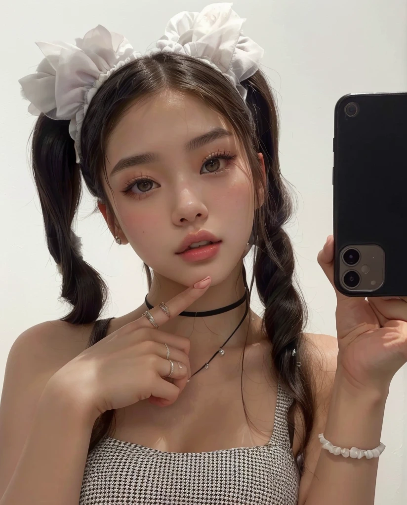 there is a woman taking a selfie with her phone, with black pigtails, pigtails hairstyle, portrait sophie mudd, two pigtails hairstyle, bella poarch, madison beer girl portrait, 18 years old, madison beer, pigtails, soft devil queen madison beer, 1 6 years old, beautiful faces aesthetic, beautiful aesthetic face, pigtails hair , , blackpink jennie , blackpink Lisa , asian famale face , cute girl , Korean famale