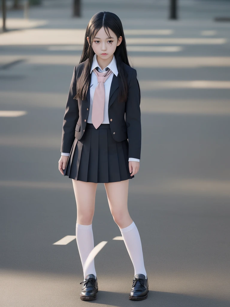 Full body photo,8K,Highest quality, High resolution, masterpiece,One girl, Long black hair,Schoolgirl Uniform, shy, blush, (masterpiece, Highest quality), Soft Light, Structure of the film, Cinematic Light