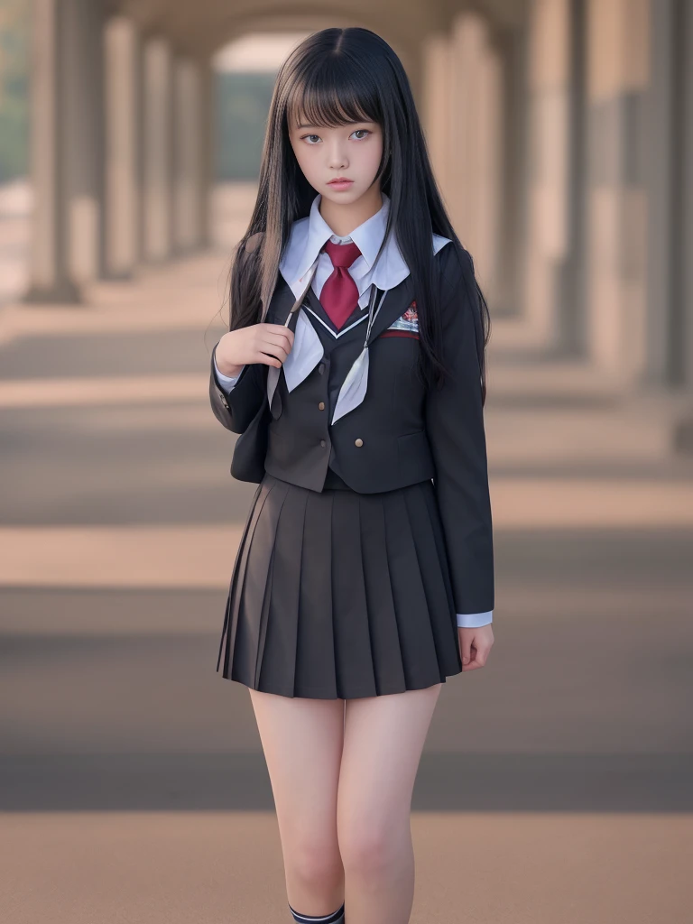 Full body photo,8K,Highest quality, High resolution, masterpiece,One girl, Long black hair,Schoolgirl Uniform, shy, blush, (masterpiece, Highest quality), Soft Light, Structure of the film, Cinematic Light