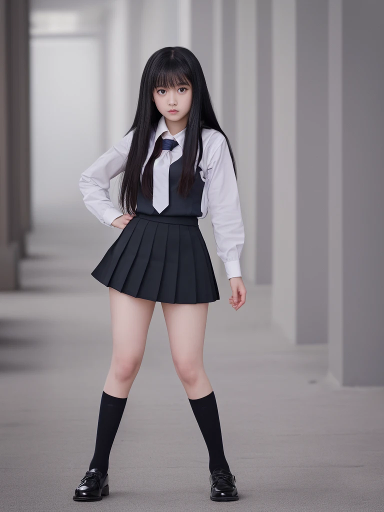 Full body photo,8K,Highest quality, High resolution, masterpiece,One girl, Long black hair,Schoolgirl Uniform, shy, blush, (masterpiece, Highest quality), Soft Light, Structure of the film, Cinematic Light