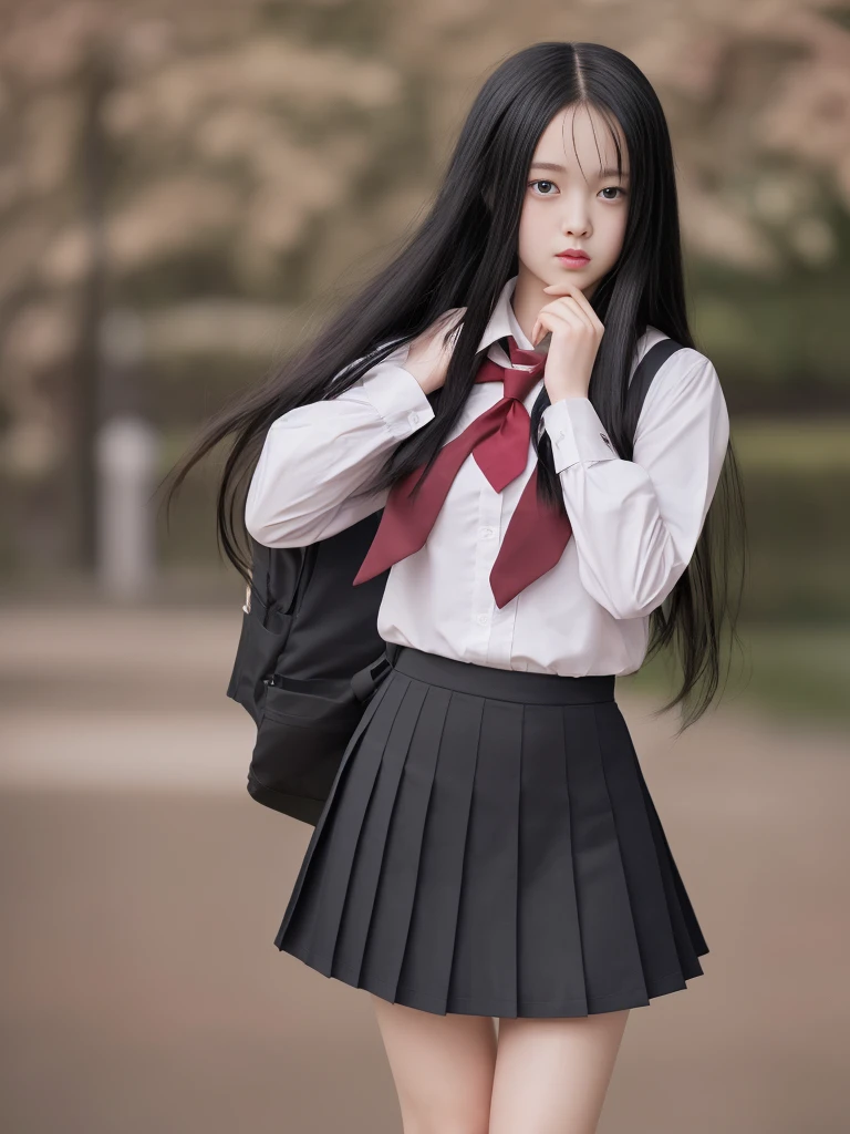 Full body photo,8K,Highest quality, High resolution, masterpiece,One girl, Long black hair,Schoolgirl Uniform, shy, blush, (masterpiece, Highest quality), Soft Light, Structure of the film, Cinematic Light