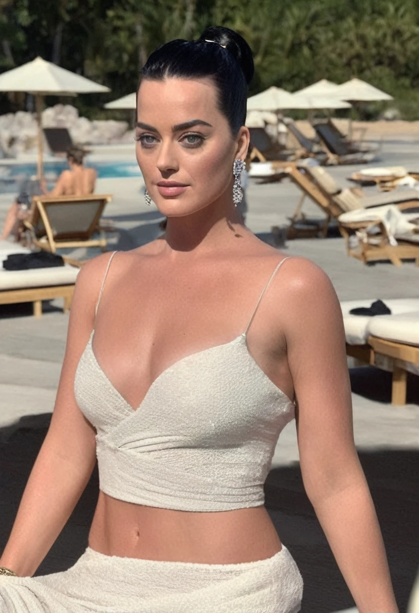 (high quality Erotic celebrity photograph ) (KatyPerry, Margot Robbie , is naked, on a vacation beach , pale white skin tone ,(katy perry woman, long brown hair, long brown hair pulled back, hair bun ) photorealistic ) , vacation side ,celebrity erotic photograph , nude, topless, oily skin ,tall figure , fit muscular figure , exhausted look, , wet, shiny sweaty skin , celebrity, female, woman, hollywood actress, fleshy muscular woman , ( perfect anatomy ,natural lights, depth of field, insanely detailed skin texture, hyper detailed features, hyper photorealistic texture )