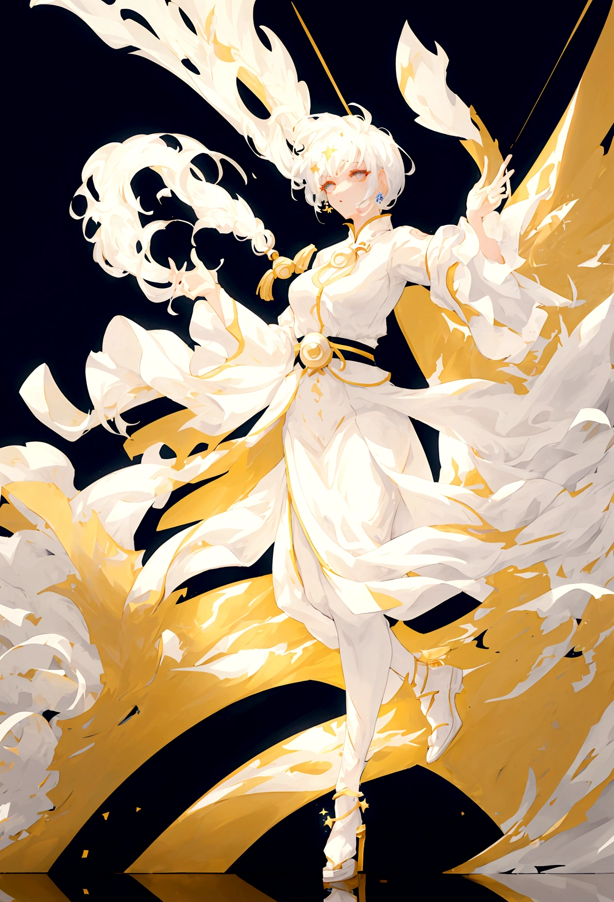 Character (asian woman) (white hair) (white exotic dress-style clothing) (character in dynamic pose) (full body) (starry night sky background) (smooth color blend)