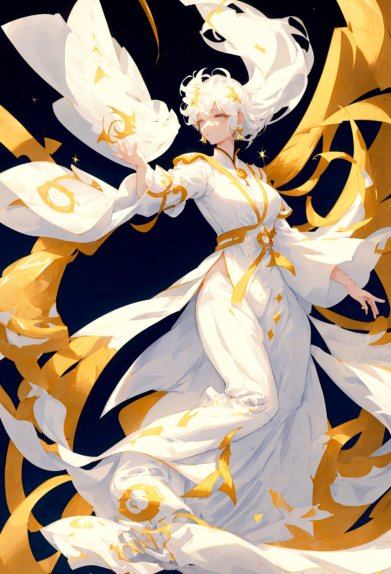 Character (asian woman) (white hair) (white exotic dress-style clothing) (character in dynamic pose) (full body) (starry night sky background) (smooth color blend)