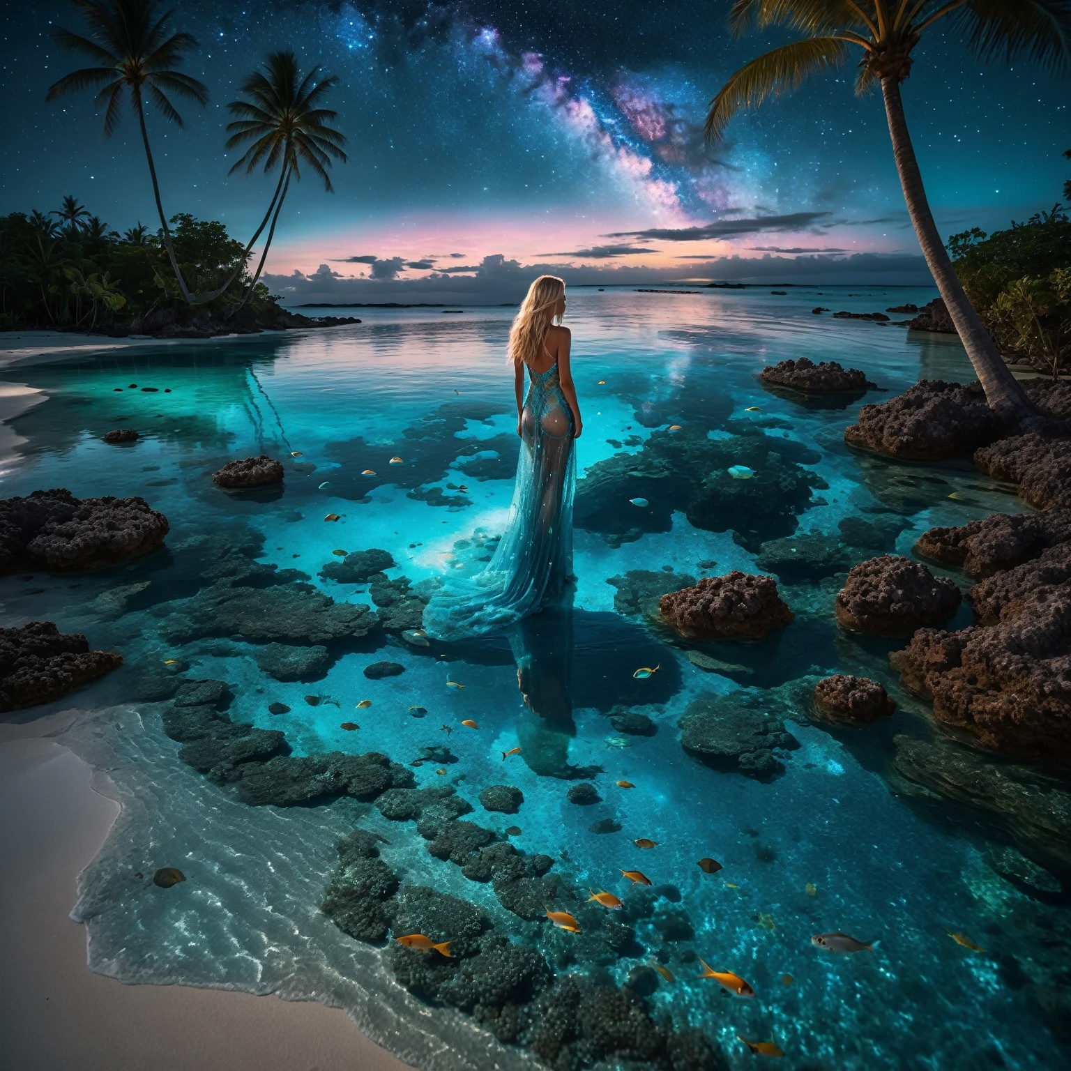 On a dark night lit by the moon, observe a turquoise blue lagoon stretching to the horizon. To the left, a beach lined with palm trees nestles under an endless crystal-clear turquoise blue lagoon with ((detailled huge luminescent barrier reef, luminescent fishes and jellyfishes are revealed in detail, animated by delicate waves)). In the sky, a swirling galaxy evolves into a giant blue eye, more detailed and majestic, set against a starry sky adorned with nebulae and cosmic dust.. The bright reflections of this blue eye and the starry sky intensely mirror on the water’s surface. ((Along the shore, a blonde woman with long, flowing hair, dressed in a finely detailed transparent gown that seems woven from celestial fabric, stands upright, absorbed by the wonders of the universe)). peaceful atmosphere, very saturated colors, glowing four-dimensional, HDR, the best quality, elegant, fantasy, intricate, 8k, beautiful, high detail, award winning, fantastic view, high definition, crisp, quality, colourful, hdr, cinematic, postprocessing, top view, beautiful, turquoise blue ocean, beautiful reflections, good water clarity, beautiful colors.