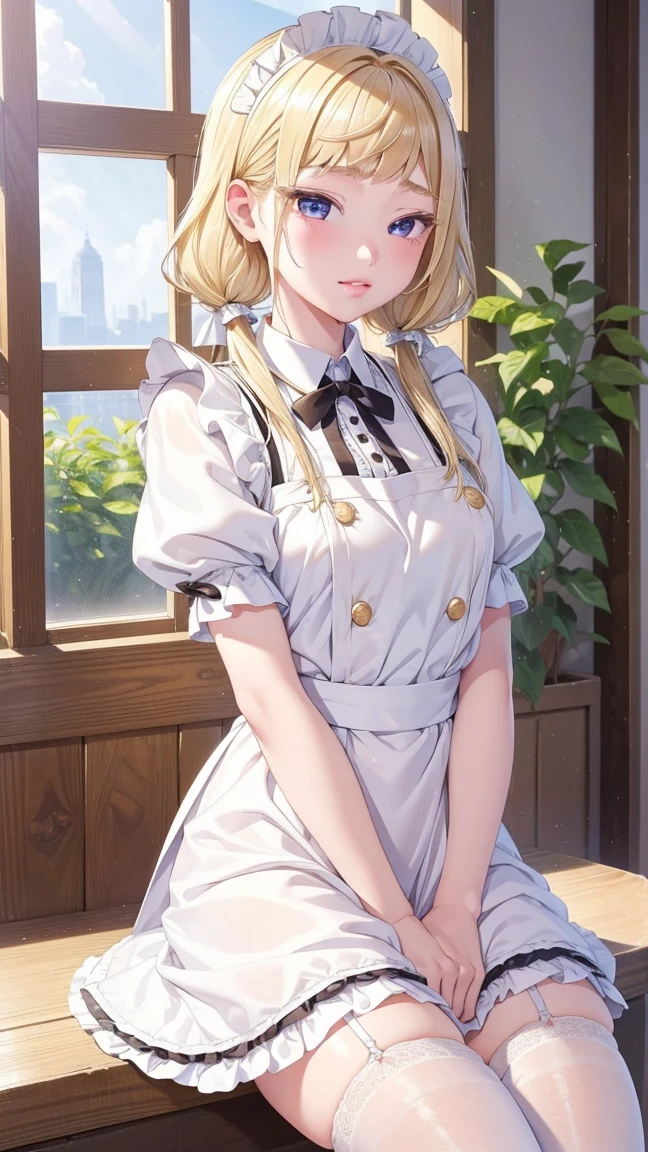 1 girl, natural light, Masterpiece, Highly detailed, illustration, CG game, nonsense, High quality, Beautifully detailed eyes, glossy lips, natural light, Medium bust, blonde hair, Low Twintails, smooth, hair between the eyes, Idol Catalyst, Ahiyori, maid, puffy short sleeves, white thigh highs, small maid apron, short hair