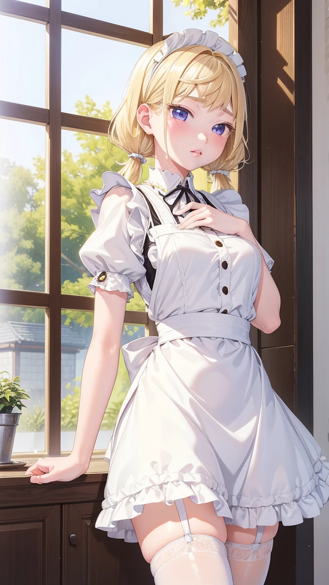 1 girl, natural light, Masterpiece, Highly detailed, illustration, CG game, nonsense, High quality, Beautifully detailed eyes, glossy lips, natural light, Medium bust, blonde hair, Low Twintails, smooth, hair between the eyes, Idol Catalyst, Ahiyori, maid, puffy short sleeves, white thigh highs, small maid apron, short hair