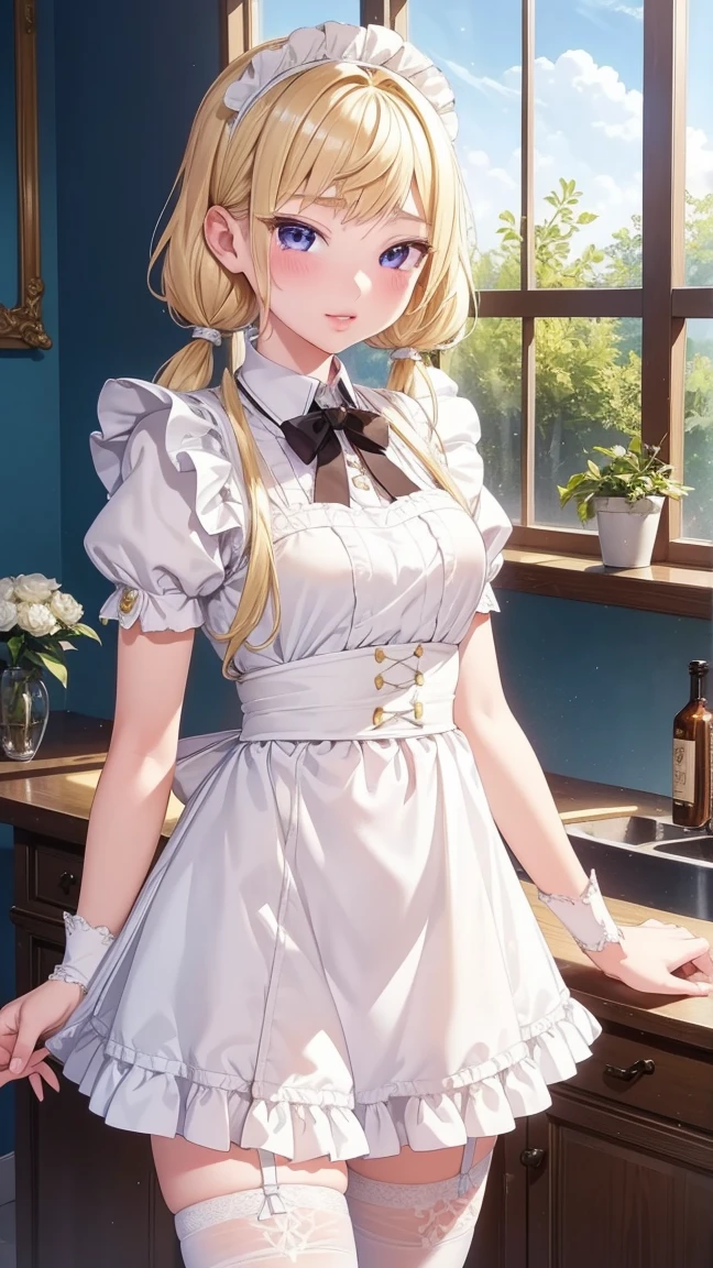 1 girl, natural light, Masterpiece, Highly detailed, illustration, CG game, nonsense, High quality, Beautifully detailed eyes, glossy lips, natural light, Medium bust, blonde hair, Low Twintails, smooth, hair between the eyes, Idol Catalyst, Ahiyori, maid, puffy short sleeves, white thigh highs, small maid apron, short hair