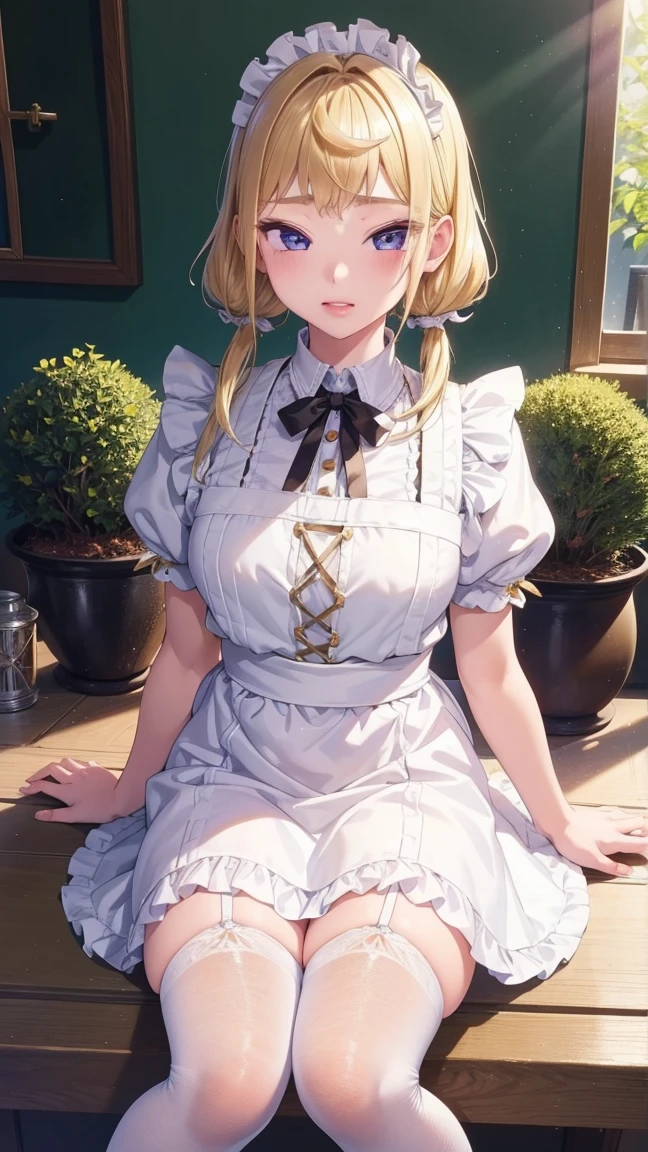 1 girl, natural light, Masterpiece, Highly detailed, illustration, CG game, nonsense, High quality, Beautifully detailed eyes, glossy lips, natural light, Medium bust, blonde hair, Low Twintails, smooth, hair between the eyes, Idol Catalyst, Ahiyori, maid, puffy short sleeves, white thigh highs, small maid apron, short hair