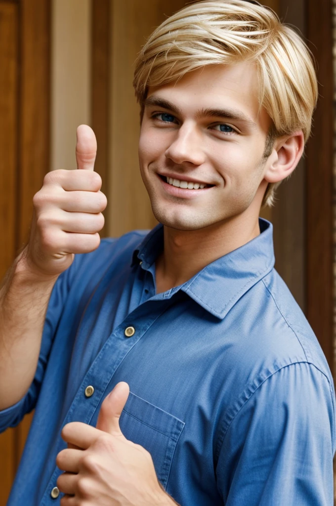 A blond handsome boy showing a thumbs up to the camera