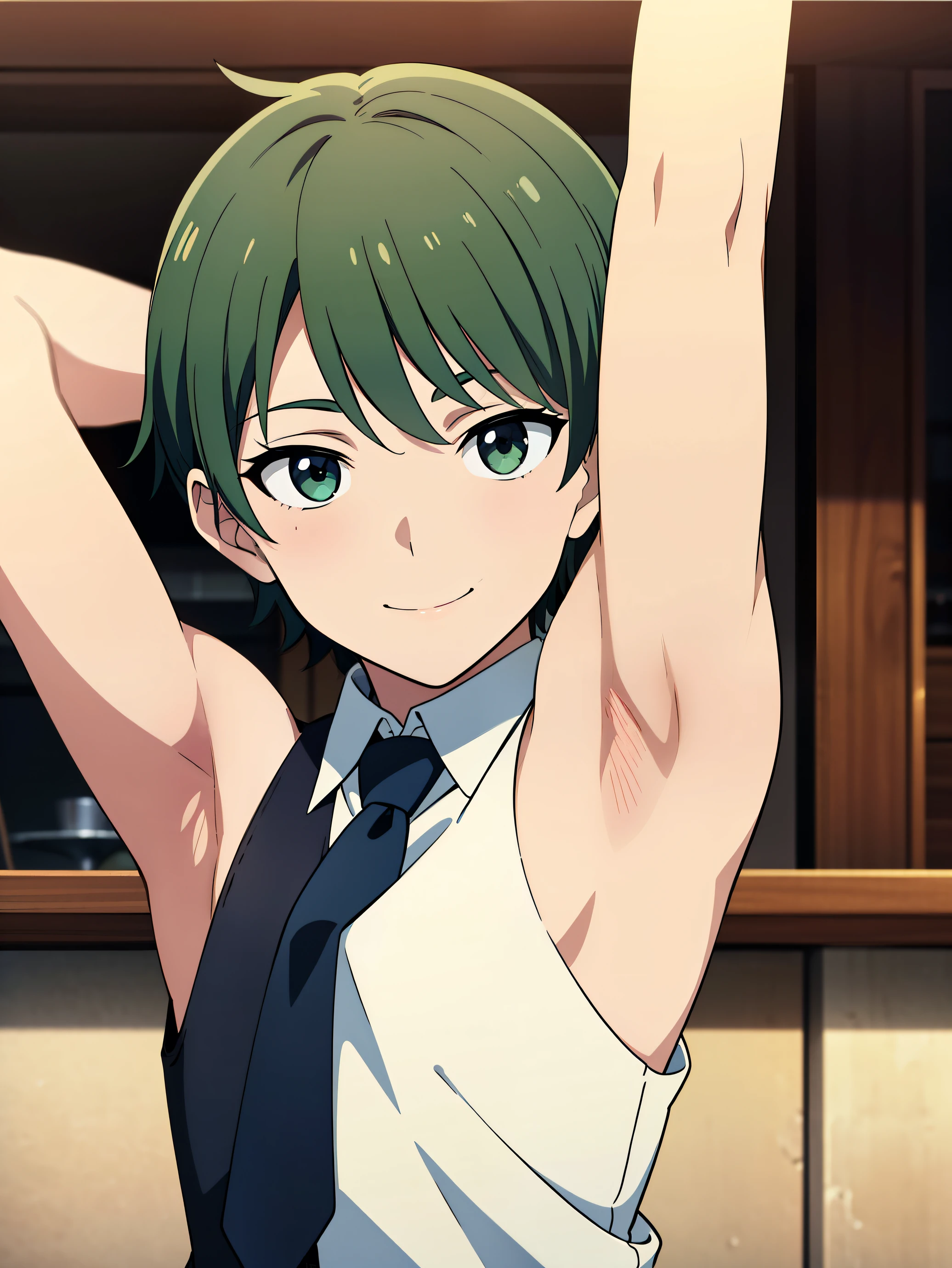 Highres, Masterpiece, Best quality at best,Best Quality,hight quality, hight detailed, Anime style, 1boy, Shota, young boy, Solo person, Elf ear, benny, HaruCheerUniform, Sleeveless, Green skirt, smile, Flat chest, Upper body, Seen from the front, look at viewer,Simple beckground, (very young boy), (very small and short body), s, (Showing armpit:1.3), hansome boy, Uhd, bokeh, sweat