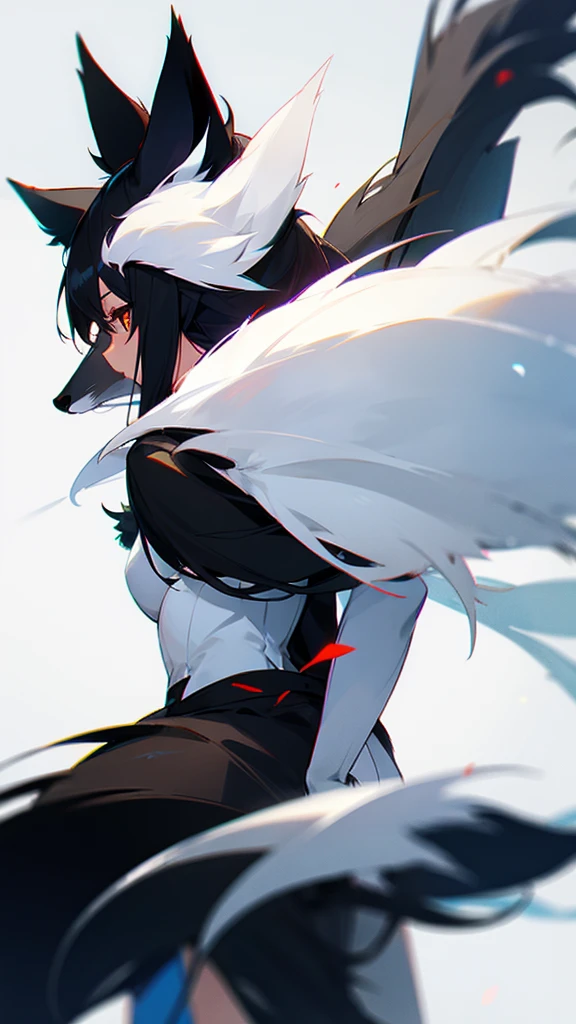 Black fox with white ear and white tail 