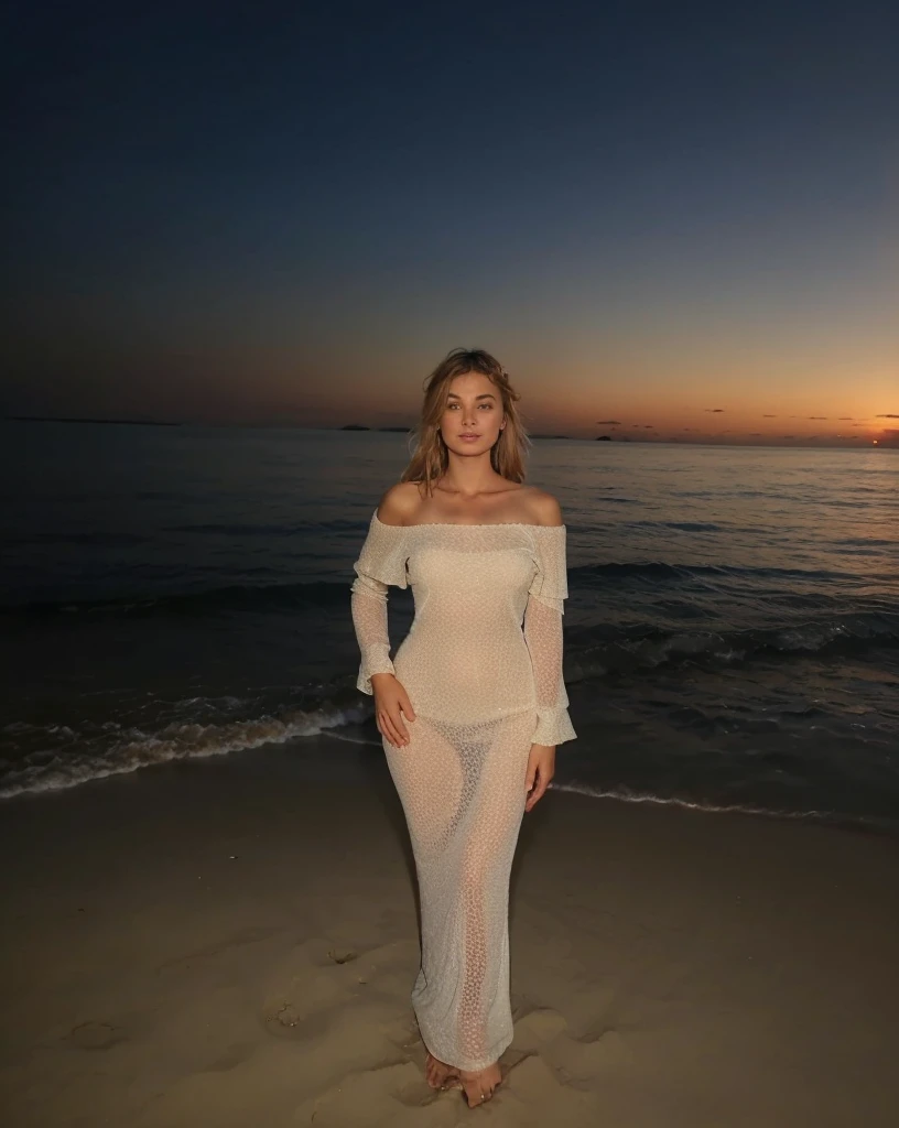 Une photo d'une femme très blonde avec des traits européens qui ressemble a margot robbie, elle a de très belle forme, elle est debout sur une plage au crépuscule ou à l'aube. Tenue : Elle porte une longue robe transparente beige, qui laisse entrevoir sa silhouette. La robe est à épaules dénudées, ce qui ajoute une touche élégante et sensuelle à son look. Posture : Elle est debout sur le sable, avec ses pieds nus. Son corps est légèrement tourné vers la gauche, tandis que son visage est orienté vers la caméra. Une de ses mains repose sur sa hanche droite, créant une légère courbe dans sa posture. Cheveux : Ses cheveux longs et blonds tombent librement sur ses épaules. Expression : Son expression est sereine et légèrement mélancolique, avec un regard fixé vers l'objectif. Environnement : L'arrière-plan montre l'océan avec des vagues douces venant caresser le rivage. Le ciel est sombre avec des nuances de bleu foncé et des touches de lumière à l'horizon, suggérant le coucher ou le lever du soleil. L'atmosphère est calme et romantique.