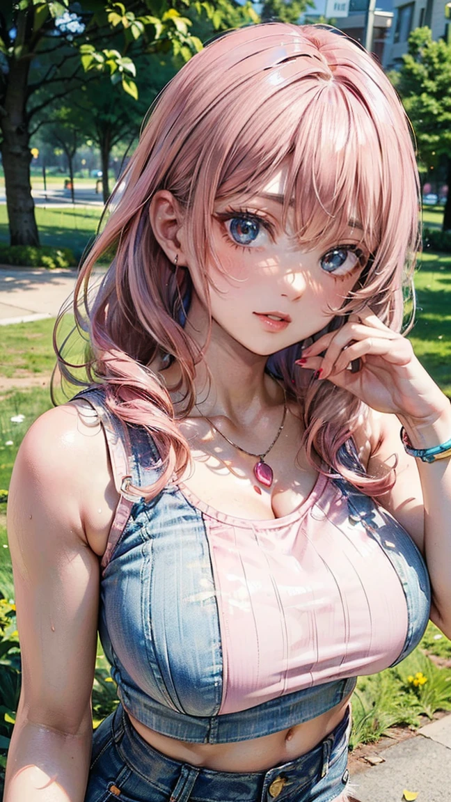 (Masterpiece, BestQuality:1.3), (ultra detailed:1.2), (hyperrealistic:1.3), (RAW photo:1.2), High detail RAW color photo, professional photograph, (Photorealistic:1.4), (realistic:1.4), (Pink Hair:1.5), professional lighting, perfect anatomy, (Big Breasts:1.2), (blush, detailed face), (cheerful Smile:1.5), Trending Hair&Trending Hairカラーをランダムに, earrings, necklace, bracelet, sexly, erotic sexly, Random sexy gravure poses, (A woman wearing a white crop top and denim shorts、She is smiling happily and striking sexy poses while enjoying a picnic in the park.。Pink Hairのロングヘアが風になびいている。:1.3)