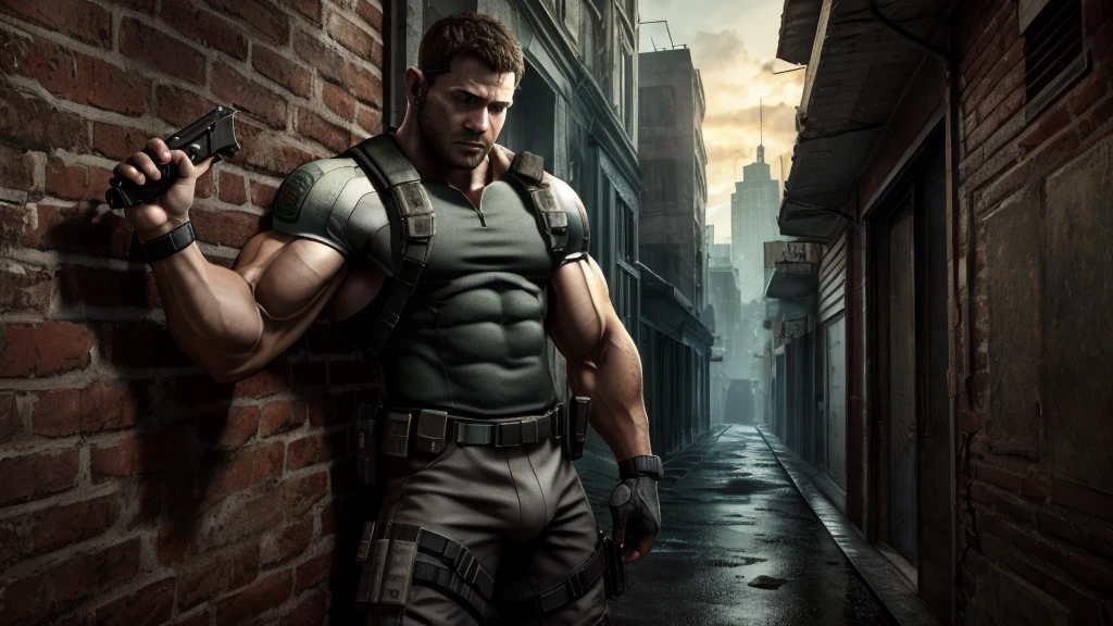 Chris Redfield resident evil, leaning on a wall, holding a pistol, Muscular, nice abs and biceps, nice crotch bulge, UHD HDR, full body shot in ruined city background in Landscape mode,
