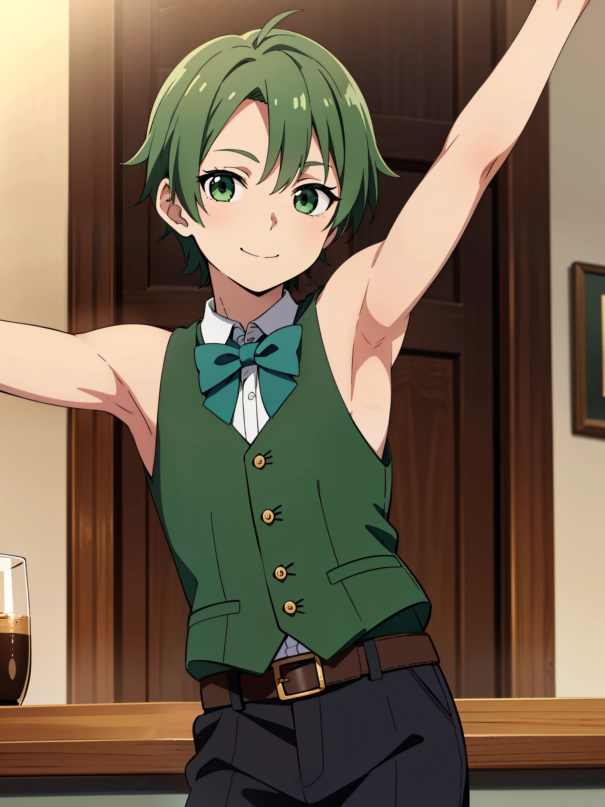 Highres, Masterpiece, Best quality at best,Best Quality,hight quality, hight detailed, Anime screencap style, 1boy, Shota, Little boy, Solo, green hair, smile, Shirtless, body, slim waist, Sleeveless vest, Bare shoulder, Bow tie, Seen from the front, look at viewer, Cafe, (very young boy), (very small and short body), (Showing armpit:1.3), The armpits of a 12 year old boy, Adorable little armpits, 12-year-old boys, blurry beckground, Uhd, 4k, wallpaper