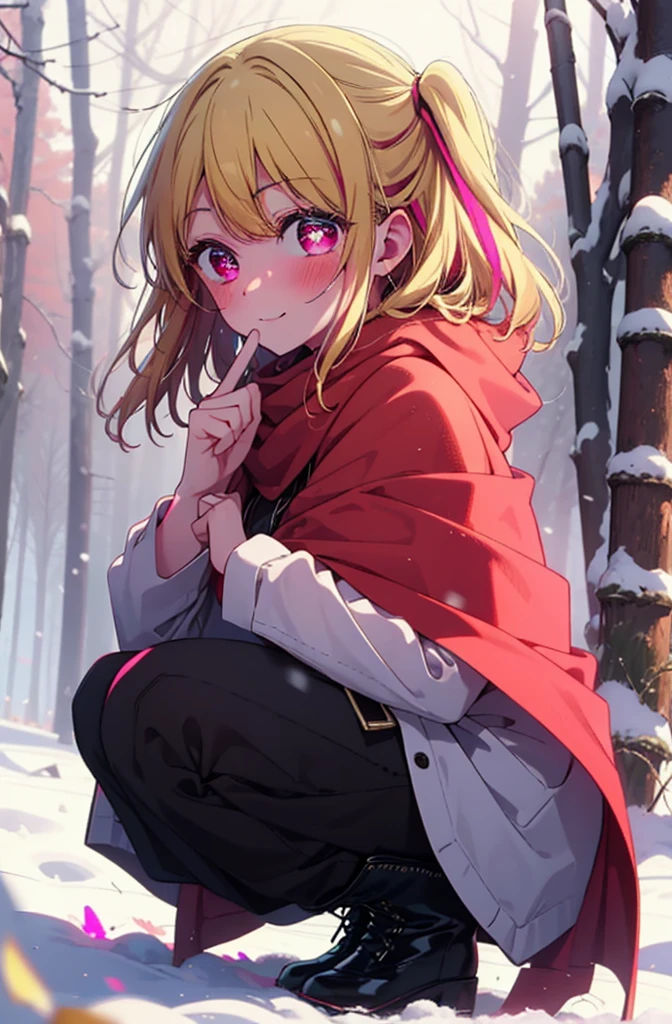 rubyhoshino, Hoshino Ruby, Long Hair, bangs, Blonde, (Pink Eyes:1.3), Side Lock, (Symbol-shaped pupil:1.5), Multicolored Hair, Two-tone hair, smile,,smile,blush,White Breath,
Open your mouth,snow,Ground bonfire, Outdoor, boots, snowing, From the side, wood, suitcase, Cape, Blurred, , forest, White handbag, nature, Squat, Mouth closed, Cape, winter, Written boundary depth, Black shoes, red Cape break looking at viewer, Upper Body, whole body, break Outdoor, forest, nature, break (masterpiece:1.2), Highest quality, High resolution, unity 8k wallpaper, (shape:0.8), (Beautiful and beautiful eyes:1.6), Highly detailed face, Perfect lighting, Highly detailed CG, (Perfect hands, Perfect Anatomy),