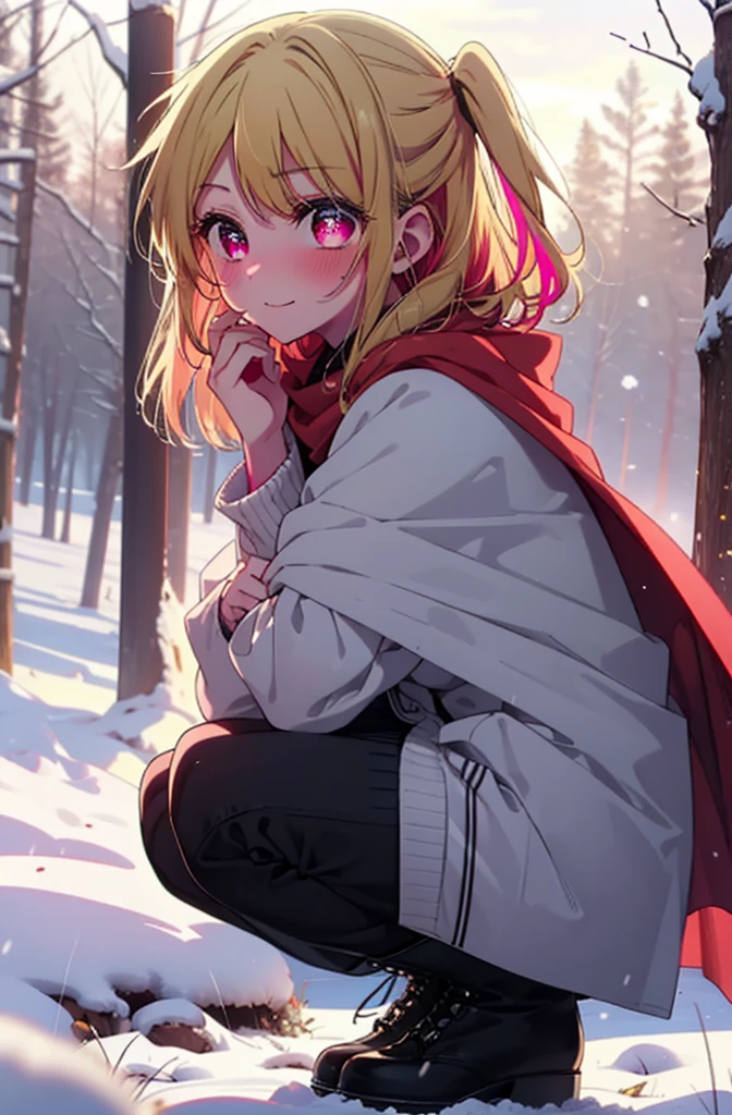 rubyhoshino, Hoshino Ruby, Long Hair, bangs, Blonde, (Pink Eyes:1.3), Side Lock, (Symbol-shaped pupil:1.5), Multicolored Hair, Two-tone hair, smile,,smile,blush,White Breath,
Open your mouth,snow,Ground bonfire, Outdoor, boots, snowing, From the side, wood, suitcase, Cape, Blurred, , forest, White handbag, nature, Squat, Mouth closed, Cape, winter, Written boundary depth, Black shoes, red Cape break looking at viewer, Upper Body, whole body, break Outdoor, forest, nature, break (masterpiece:1.2), Highest quality, High resolution, unity 8k wallpaper, (shape:0.8), (Beautiful and beautiful eyes:1.6), Highly detailed face, Perfect lighting, Highly detailed CG, (Perfect hands, Perfect Anatomy),