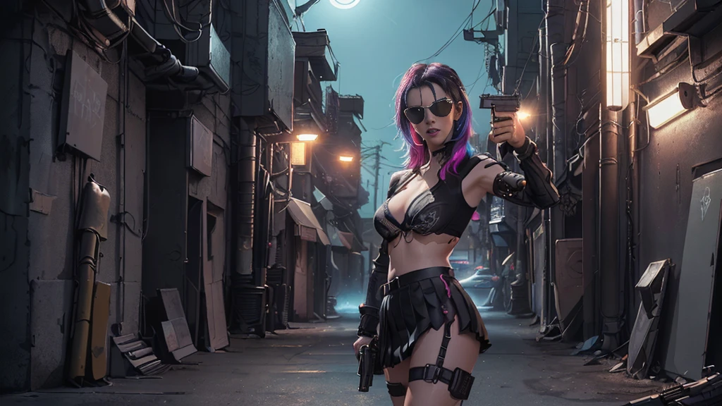 (Realistic:1.4) cyberpunk girl images, (highest quality, 8k, 32k, masterpiece) , (Dynamic pose), ((Front camera)), Cowboy Shot, Shapeless hair, Multicolored Hair, Colorful cyberpunk combat armor, Depth of written interface f/1.8, high angle view of Cyberpunk city (((((at night))))) as background. (((1girl, solo))), photo realistic, (medium-breast slim body, cleavage), (((full bra top, extreamly short pleated (((miniskirt))) exposing panty))), (((((matrix style black sunglasses))))), (((((((aiming at viewer with a (pistol), (looking at camera)))))))), (((((half-body (thigh level) medium shot))))), (cinematic lighting).