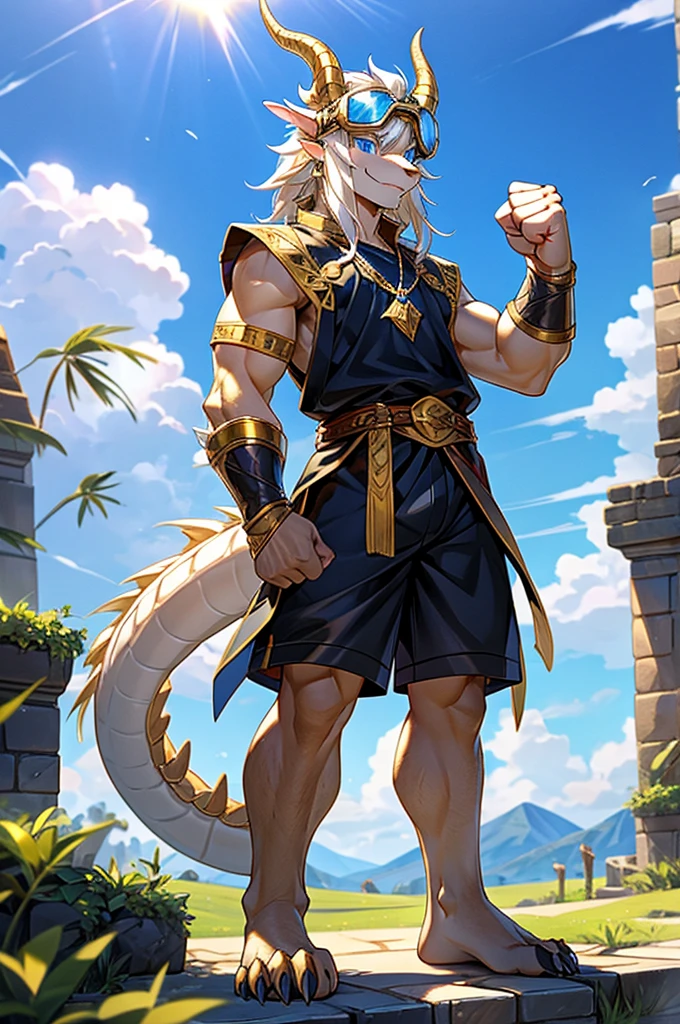 HD,noon,Blue sky,castle,grassland,Single player,Western dragon animal humanoid,hairy,Age 14 years,Cute face,Strong body,Male image,Full body standing,Short hair details,Western faucet,Golden dragon horn,Blonde Facial Hair,White jaw hair,Golden back fur,White belly hair,White mane extends from the top of the head to the tail,Thick and long dragon tail,White hair on the tip of the tail,Golden Arm,Golden paws,Left fist,Lightning is attached to the left fist,The right hand naturally droops,Limbs are dragon claws,4 Gold Fingers,4 golden toes,Pink pads on the palms and soles,,Lift one foot,Exposing the soles of the feet,Look to the left,A happy expression with the tongue sticking out slightly,Blue Eyes ,Pure and lovely eyes,Medieval style costumes,Black top,Black rubber shorts,Silver Sapphire Necklace,Wear goggles on your head,Standing。