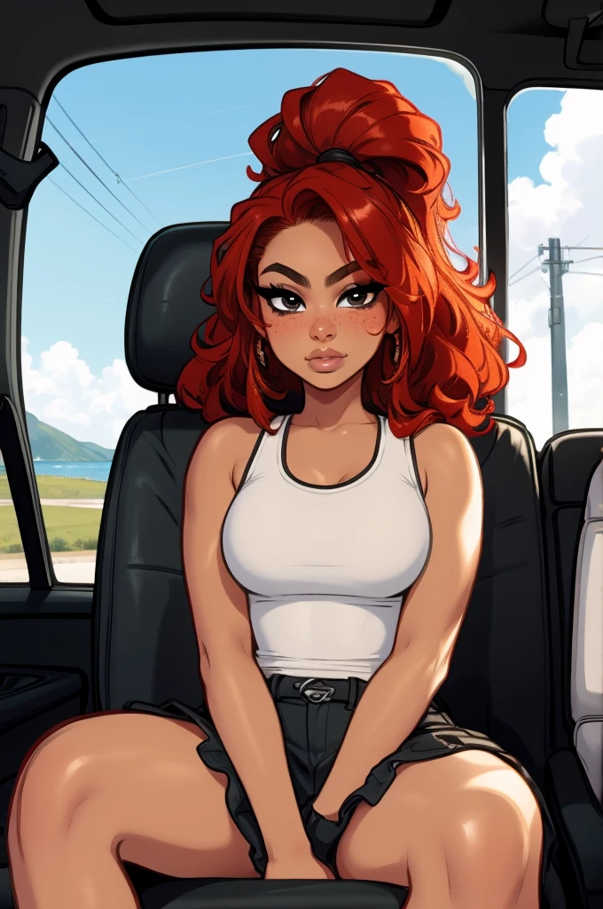 beyonce, Teenager 18 years old, retrato, red_hair, black_eyes, pecas, black top , sitting in a car, fair skin