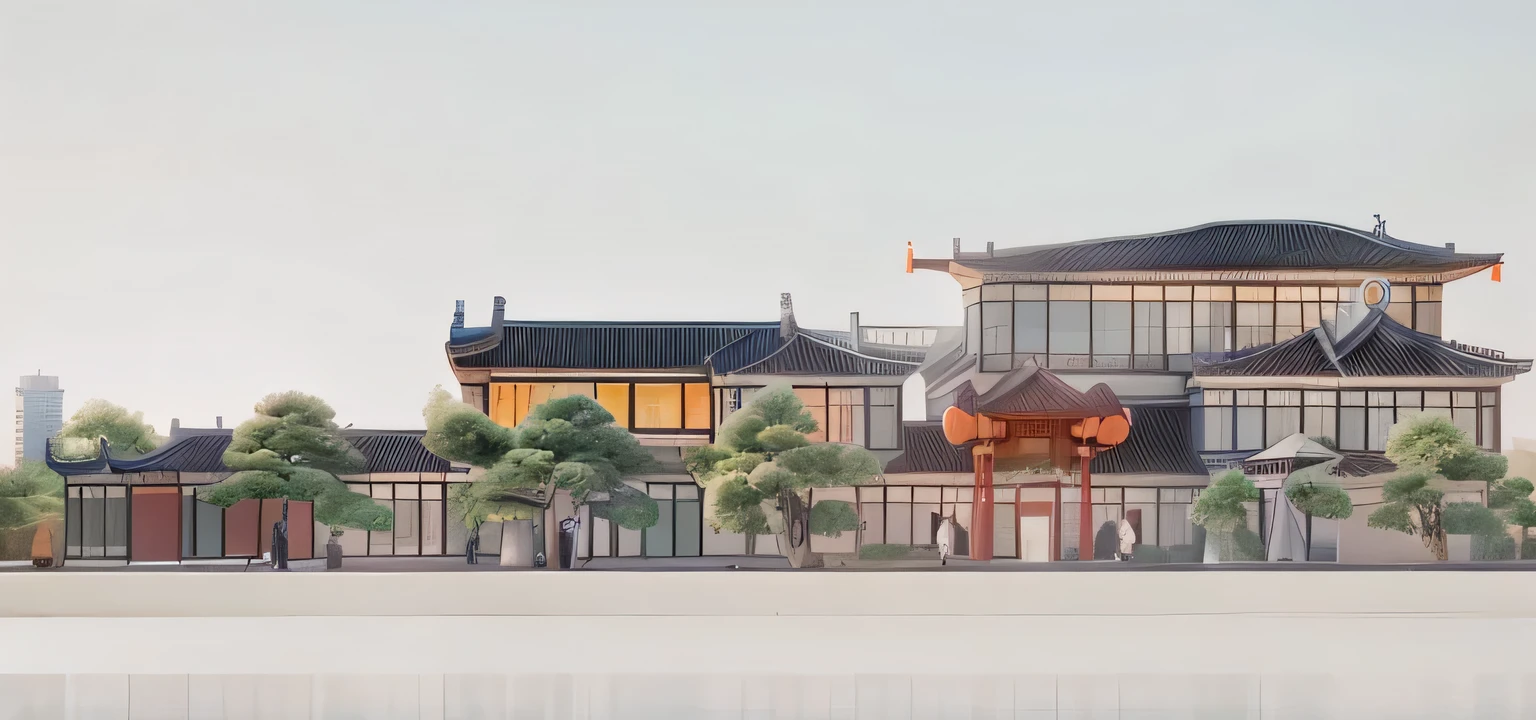 Highest quality,Chinese Ink Painting,antiquity,Urban antiquity architecture,Rectangular architecture,People view,Glass facades,Clean sky,Clean glass,Trees,Soft sunlight,Decorative Arts,Sloped roof,Best quality,Architectural Photography,Photorealism,Hyperrealism,Ultra Detailed,V-ray,(architectural design),There is sunset glow,There is sunset glow,Sunset round