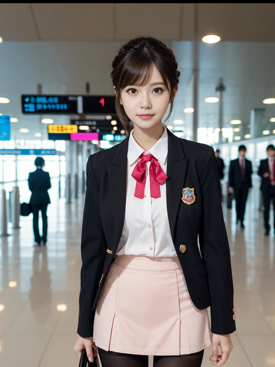 {{Mature Solo Woman, White people}}, View your viewers, Hazel Eyes, Very detailed, Medium chest, Brown Hair, airport, flight attendant, uniform, Pink Blazer, Light blue ribbon tie, Pink Skirt, Midi Skirt, Pencil skirt matte black pantyhose、,Pink High Heels, Happy, 最high quality, high quality, Very detailed anime screencap, {{{{Crowded, One girl, Matching outfits, Updo Hairstyle