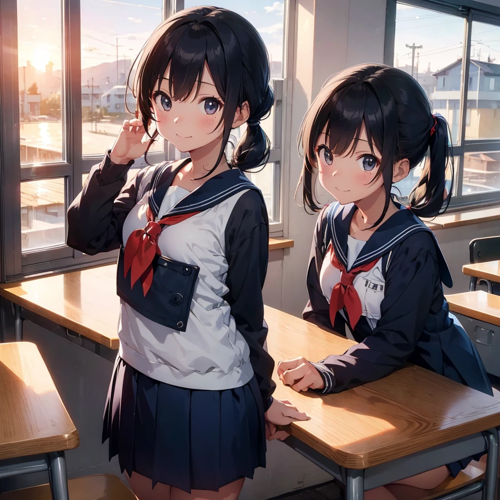 Highest quality, Very detailed, masterpiece, One Girl, classroomの椅子に座る, talk, Smile, , (low twintails:1.2), Low Pigtails, Black Hair, Long Hair, (Navy blue sailor suit:1.4), Blue ribbon, Long sleeve, School desk, School Chair, classroom, from the front, window, Schoolyard, distant cityscape, A town with hills, sunset, anime, Just the two of us