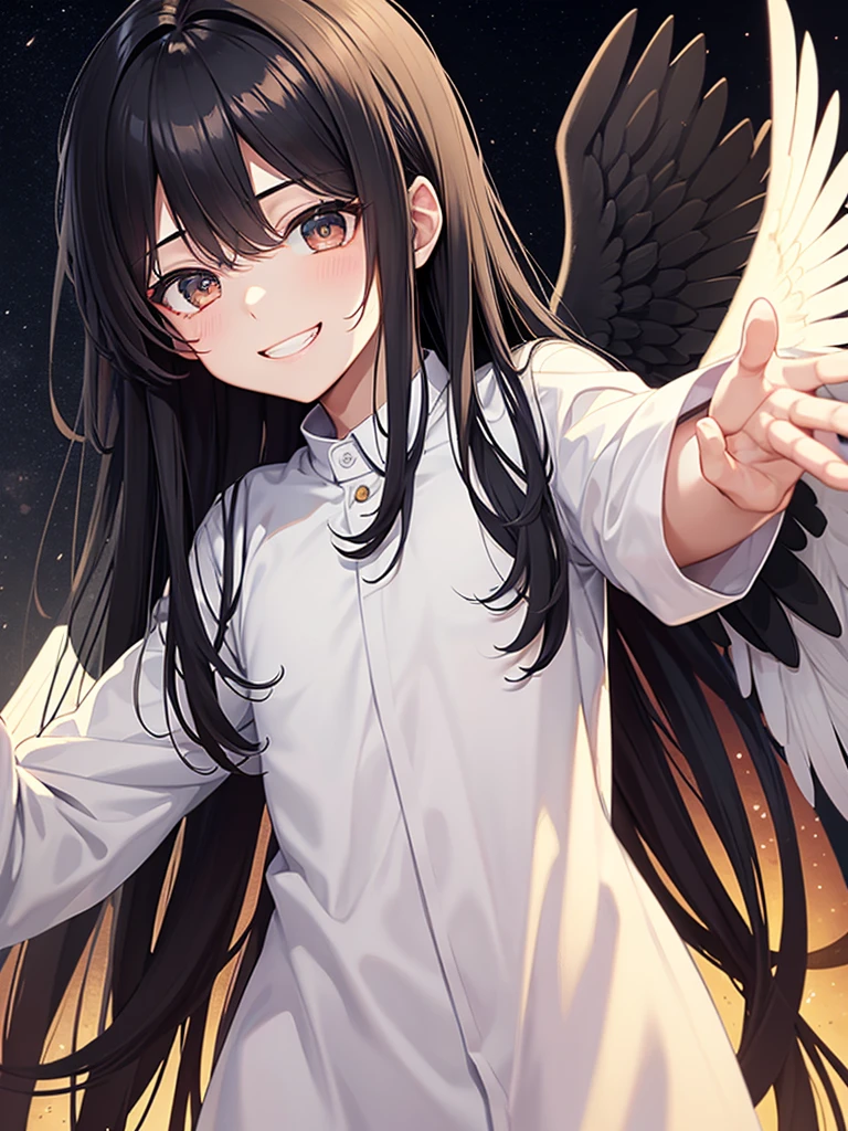 Dark Background、ung man、fallen Angel、Grinning、Black Hair、long hair、Highest quality、masterpiece