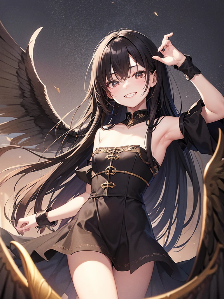 Dark Background、1 young man、fallen Angel、Grinning、Black Hair、long hair、Highest quality、masterpiece