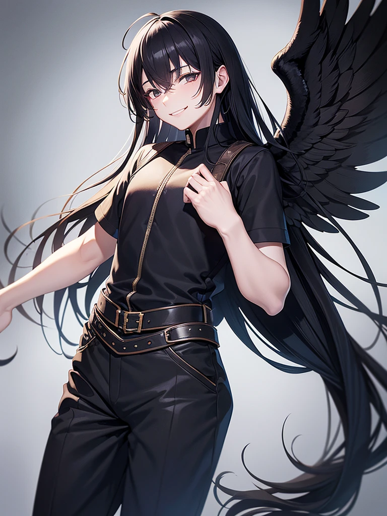 Dark Background、1 young man、fallen Angel、Grinning、Black Hair、long hair、Highest quality、masterpiece